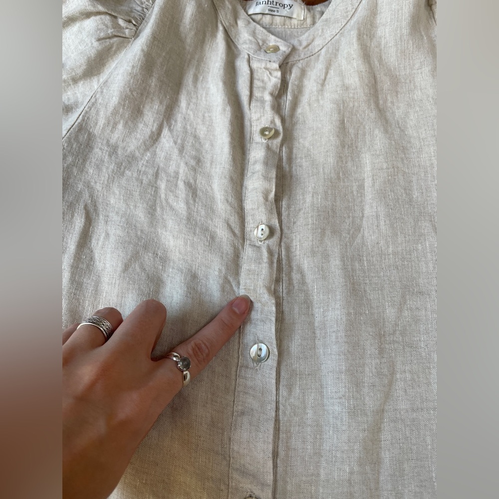 Lanhtropy Bubble Linen dress button down size small natural puff sleeve peasant - Picture 8 of 9
